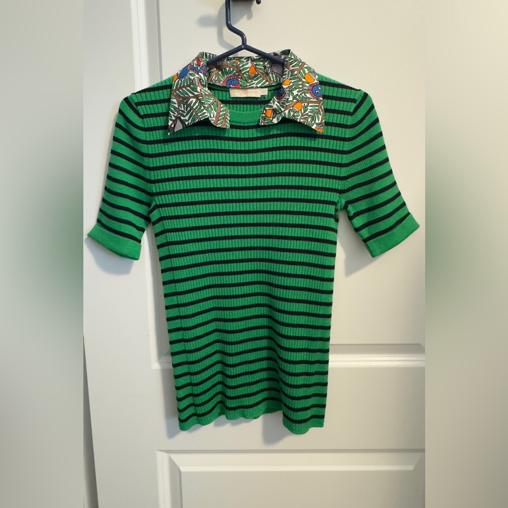 Tory Burch Striped Wool Short Sleeve Sweater With Detachable Print Collar.  S